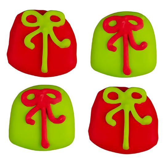 Set of 8 royal icing Christmas present decorations in red and green with contrasting icing bows, each approximately 1 inch wide.