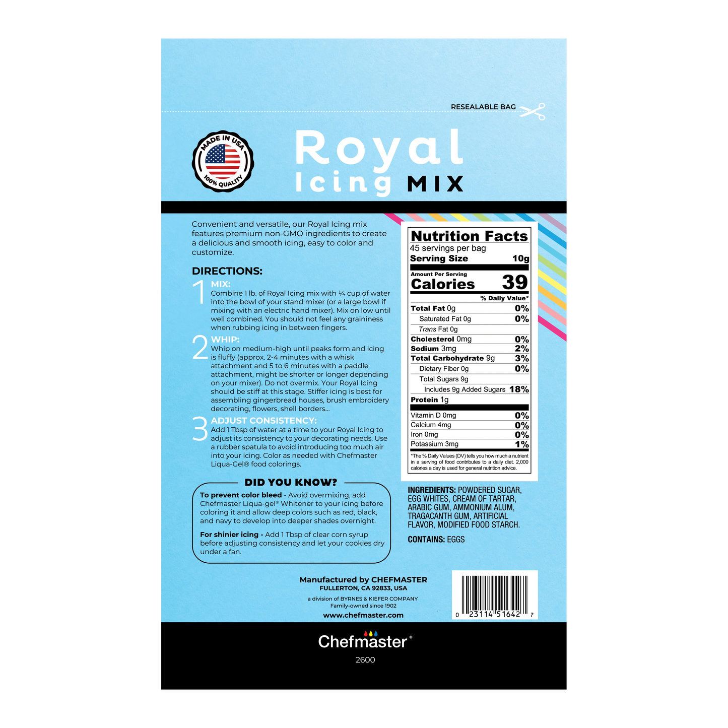 Chefmaster Royal Icing Mix in a resealable bag with colorful decorated cookies, perfect for cookie and cake decorating with ingredients and instructions.