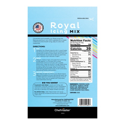 Chefmaster Royal Icing Mix in a resealable bag with colorful decorated cookies, perfect for cookie and cake decorating with ingredients and instructions.