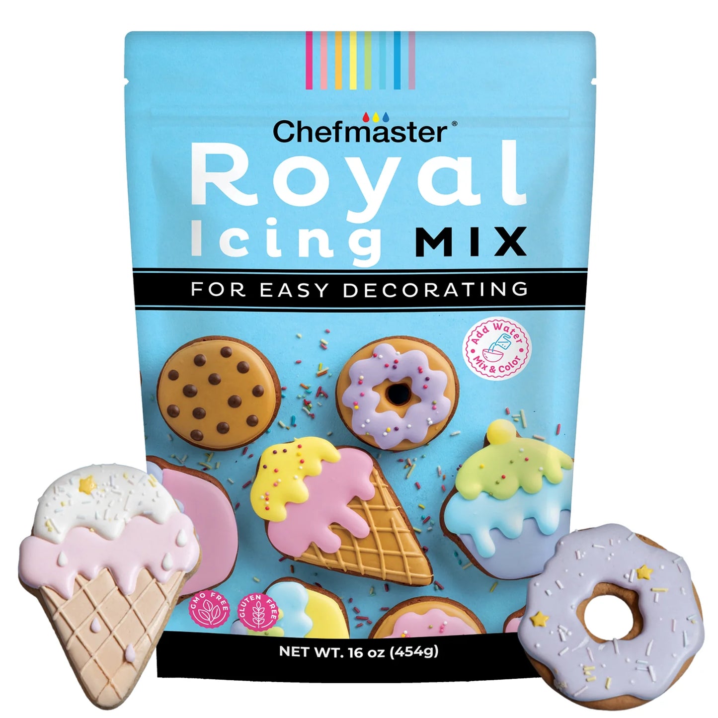 Chefmaster Royal Icing Mix in a resealable bag with colorful decorated cookies, perfect for cookie and cake decorating.