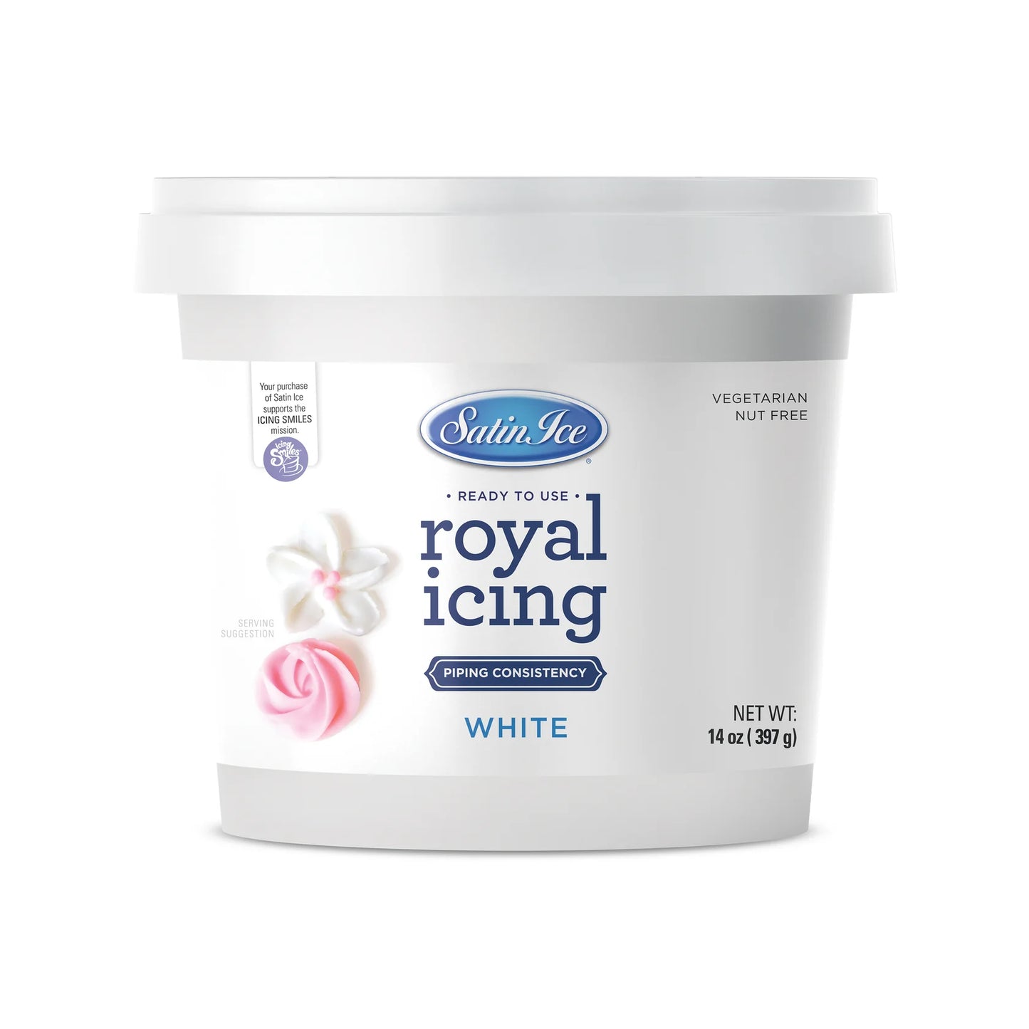 Tub of Satin Ice ready-to-use royal icing in white, labeled “piping consistency,” 14 oz, with a small pink icing rose pictured on the front.