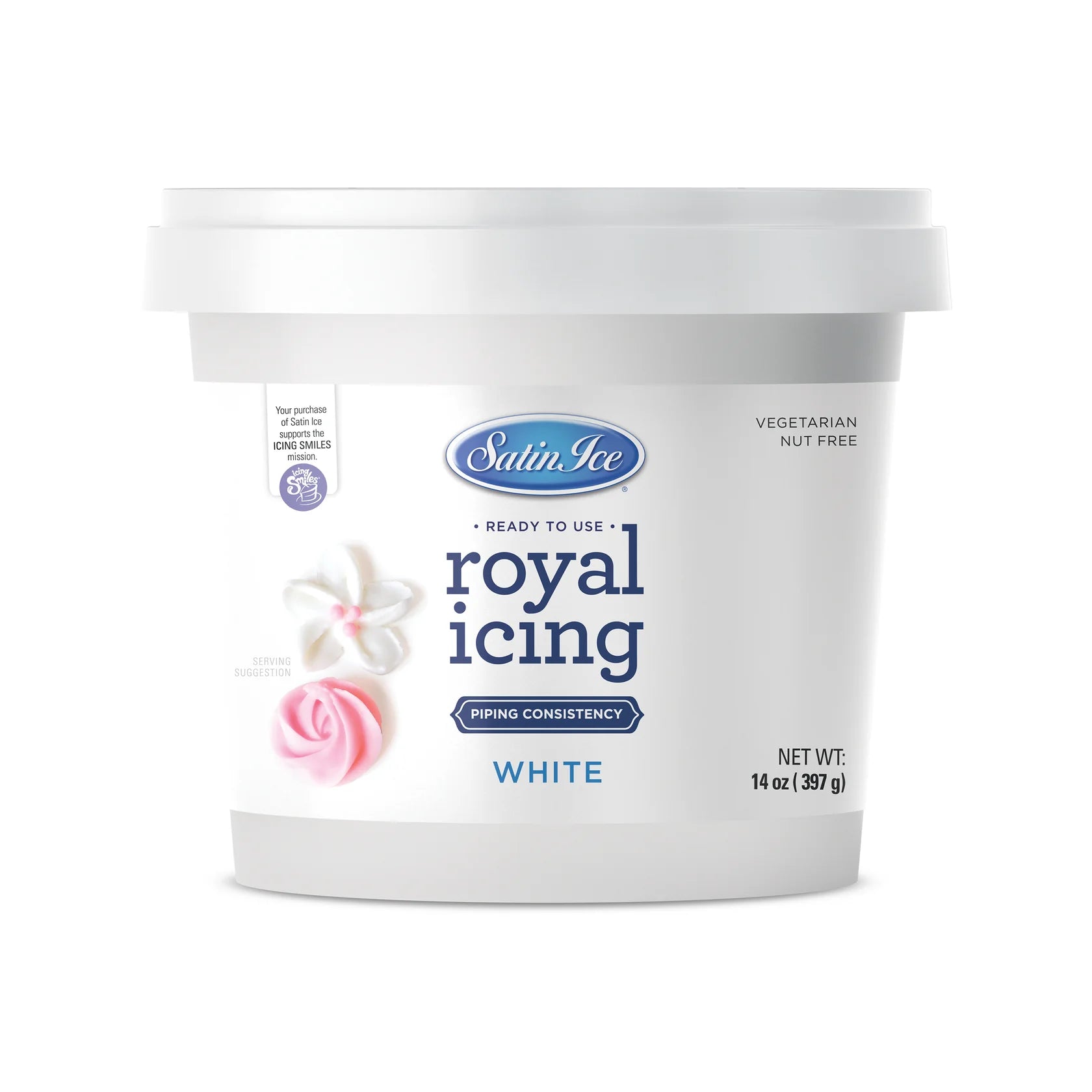 Tub of Satin Ice ready-to-use royal icing in white, labeled “piping consistency,” 14 oz, with a small pink icing rose pictured on the front.