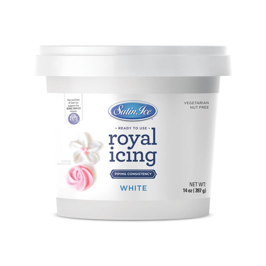 Tub of Satin Ice ready-to-use royal icing in white, labeled “piping consistency,” 14 oz, with a small pink icing rose pictured on the front.