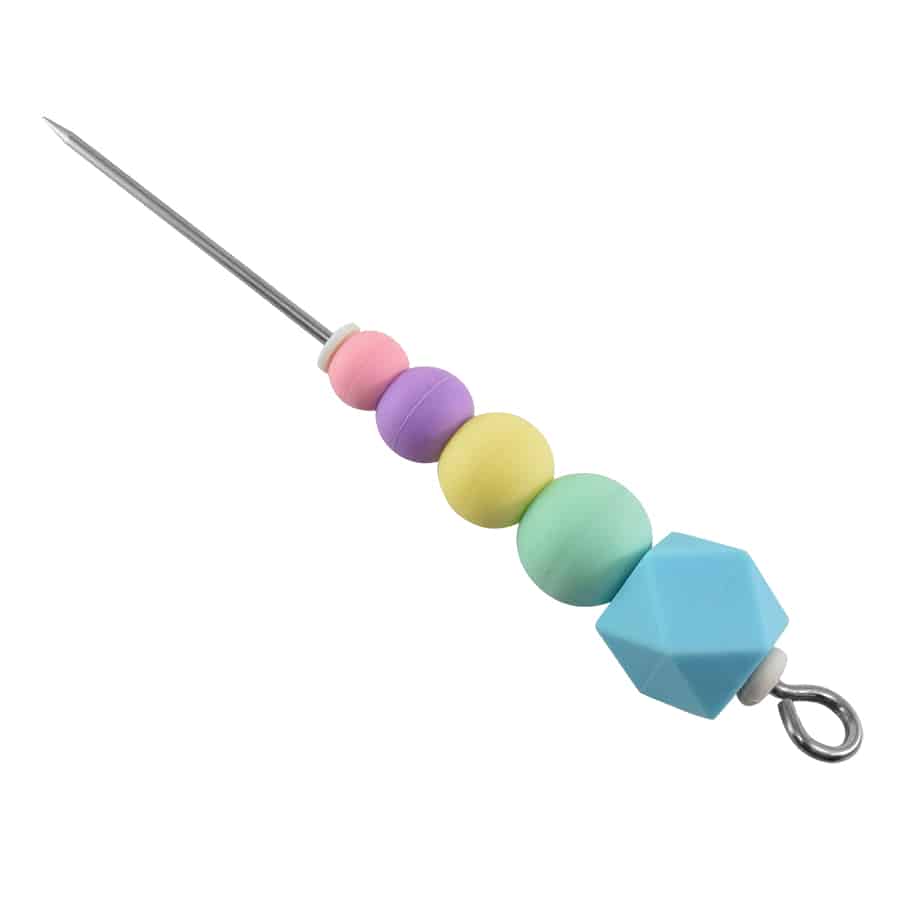 R&M 8-inch icing scribe tool with pointed stainless steel needle, pastel pink, purple, yellow, green, and blue silicone beads.