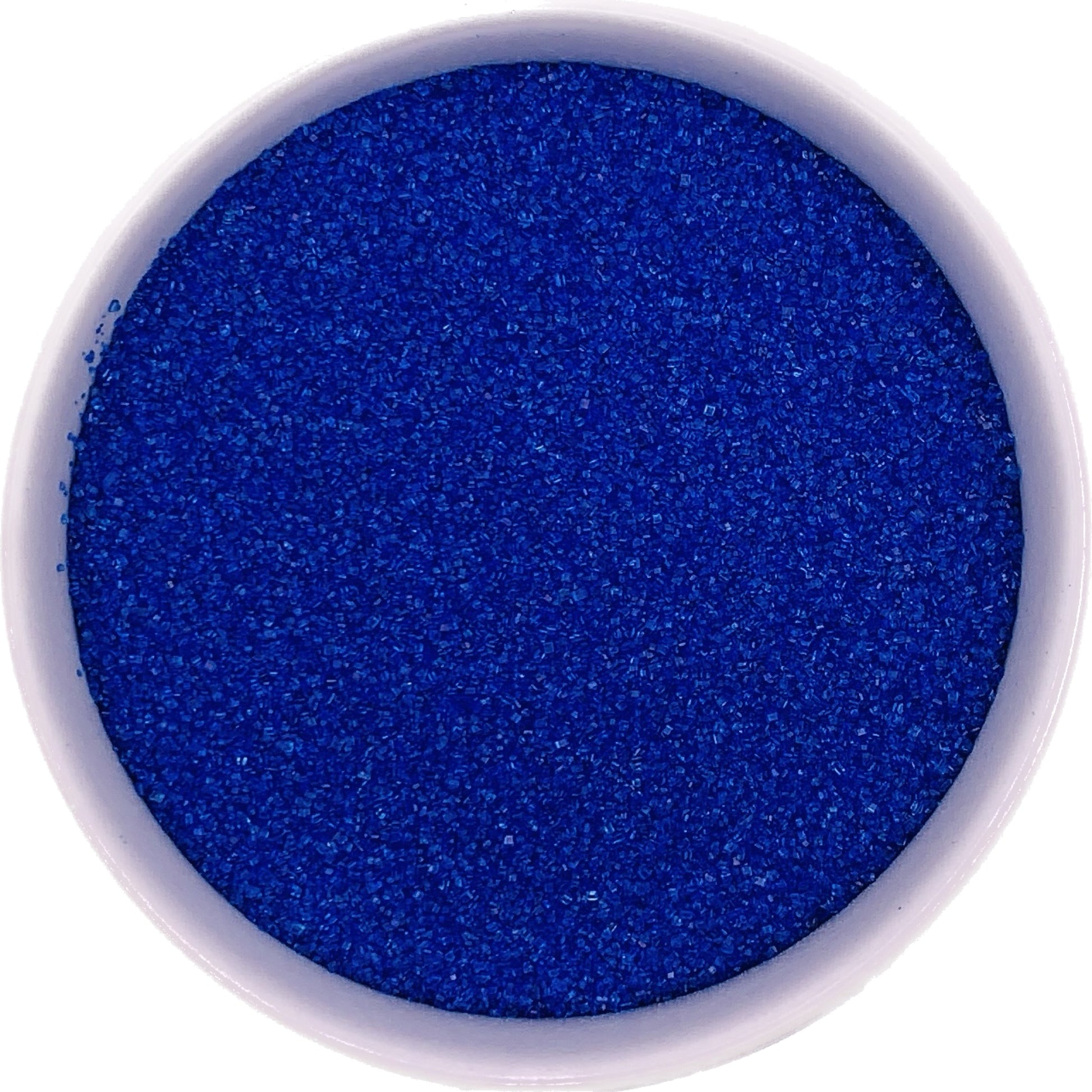 Bowl of royal blue fine sanding sugar for decorating baked goods.