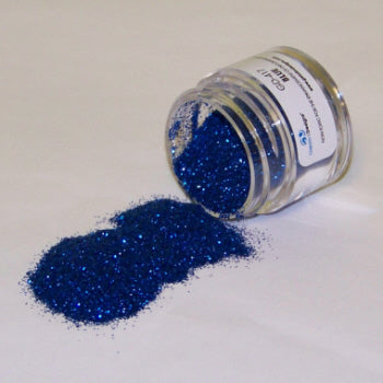Bright royal blue Galaxy Glitter Dust spilling from a labeled jar, sparkling boldly with a rich, saturated finish.