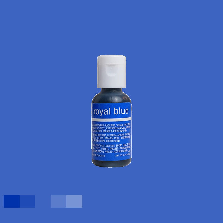Chefmaster's royal blue liqua-gel food colorant, 0.70 oz, for confectionery art, with a white leak-proof cap, presented on a blue-hued background.