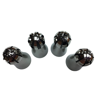 Four stainless steel Russian ball piping tips with rounded, slotted openings, arranged on a white background to show different petal-style cutout patterns.