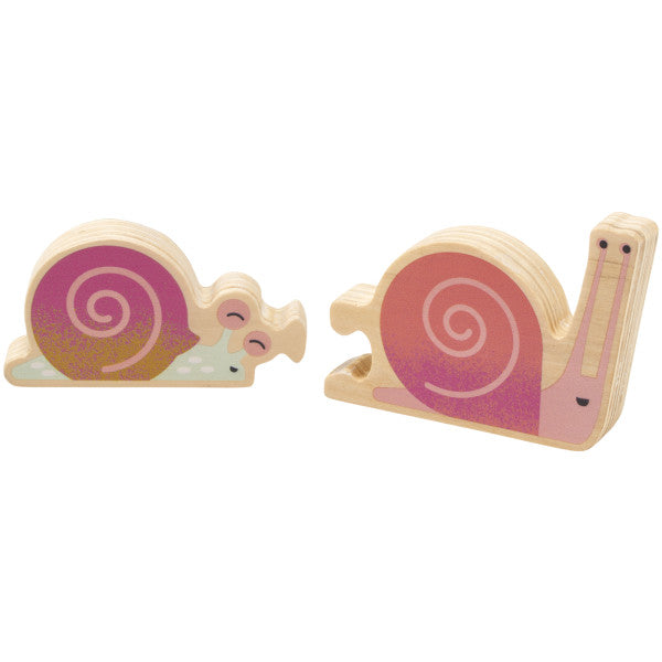 A two-piece wooden puzzle featuring two charming snails with pink spiral shells.