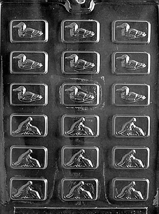 GAME BIRDS chocolate mold with small bird silhouettes; shallow cavities on a clear mold sheet, suited for mini chocolates.