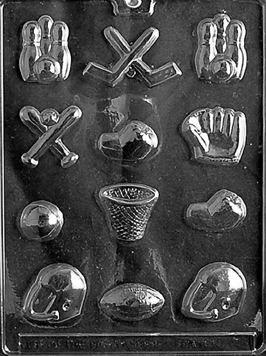 ASSORTED SPORTS chocolate mold featuring multiple small sports icons; compact cavities on clear sheet with varied ball and gear shapes.