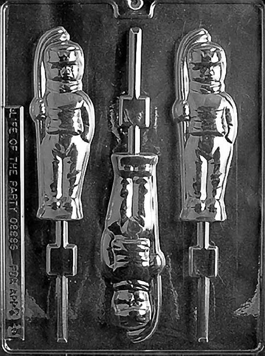 HOCKEY PLAYER chocolate mold with tall skater silhouette holding a stick; elongated cavity on a clear mold sheet.