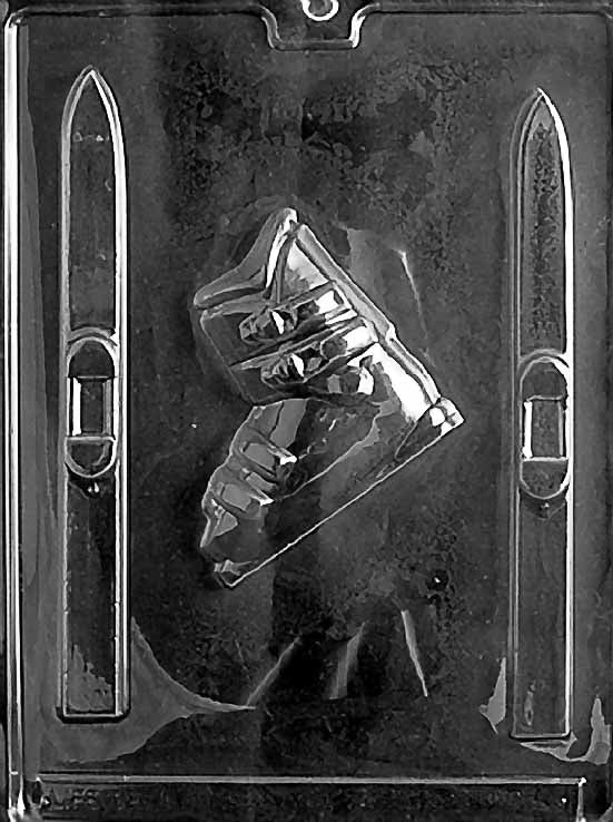 SKIS & BOOTS chocolate mold showing ski and boot impressions; larger cavities with defined straps and edges on a clear sheet.