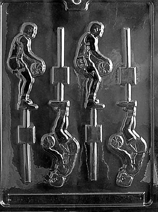 BASKETBALL PLAYER POP chocolate mold with slim athlete silhouette designed for lollipops; clear mold sheet with stick channel.