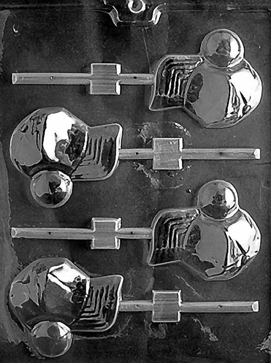 CAP & BALL Lollipop chocolate mold with baseball cap and ball lollipop shapes; clear mold sheet with defined stitching and brim.