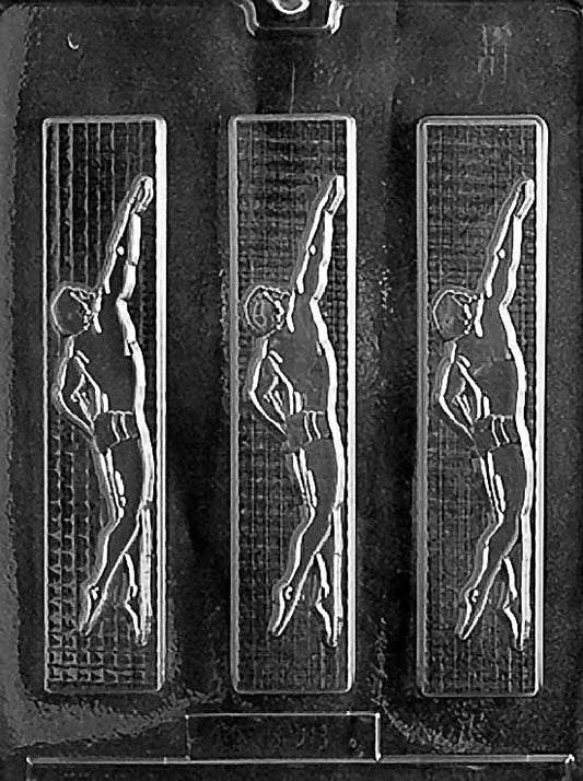 MALE SWIMMER chocolate mold showing elongated swimmer figure with arm extended; clear mold sheet.