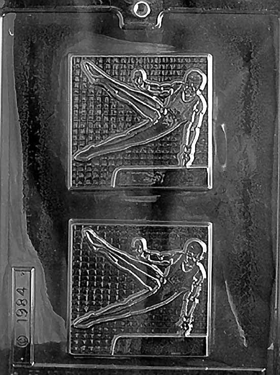 MALE GYMNAST chocolate mold featuring a balanced gymnast figure; square-ish cavity area on a clear sheet.