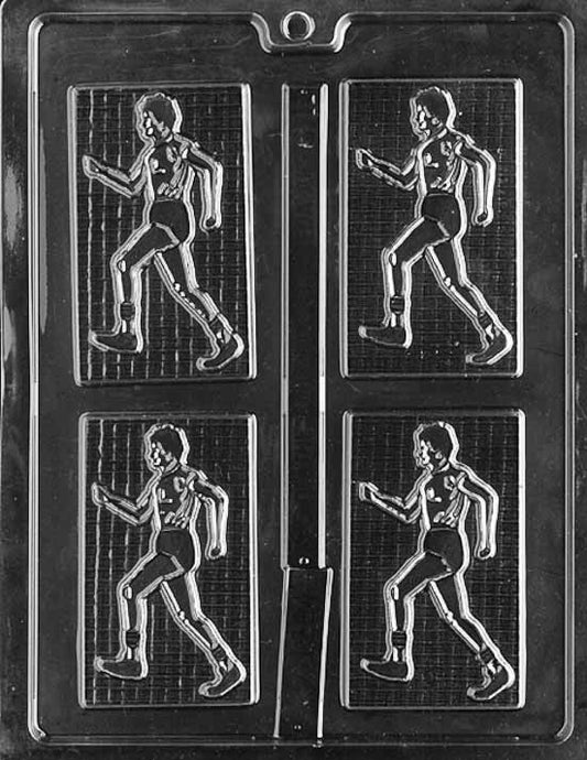 MALE JOGGER chocolate mold with running figure in stride; clear rectangular mold sheet.