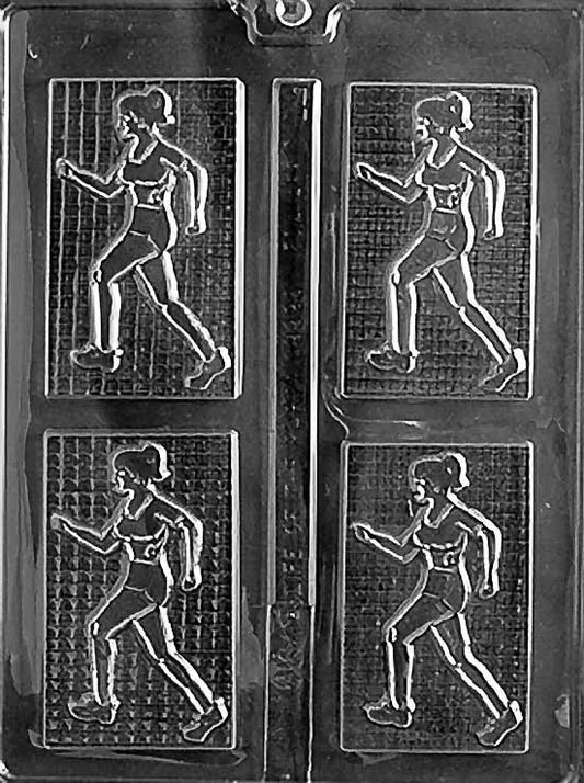 FEMALE JOGGER chocolate mold showing a female runner silhouette in motion; clear mold sheet with slim cavity.