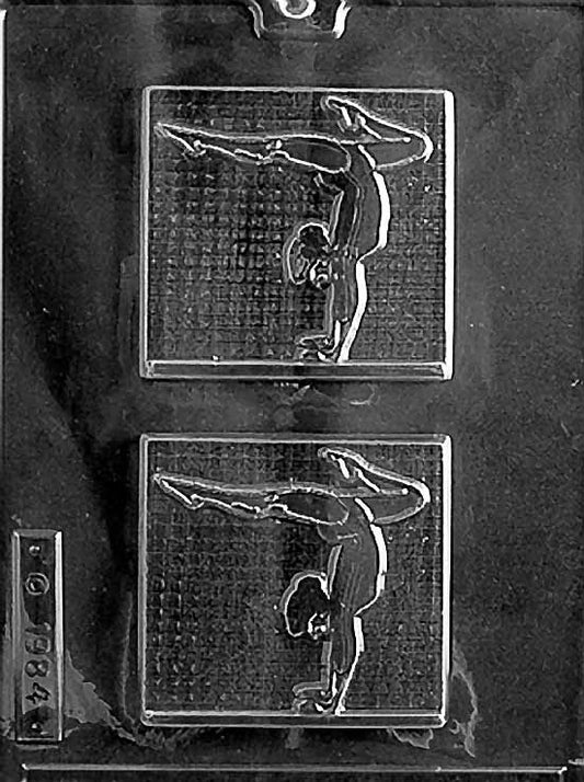 FEMALE GYMNAST chocolate mold featuring a gymnast pose with extended limbs; clear sheet with defined details.
