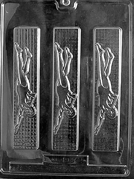 FEMALE SWIMMER chocolate mold with elongated swimmer outline; narrow cavity on a clear mold sheet.