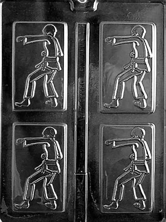 KARATE chocolate mold featuring a martial artist in a kicking pose; clear mold sheet with crisp outline.