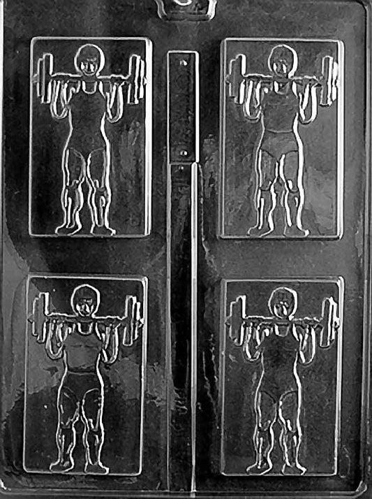 WEIGHT LIFTER chocolate mold with figure lifting a barbell; compact cavity on a clear sheet.