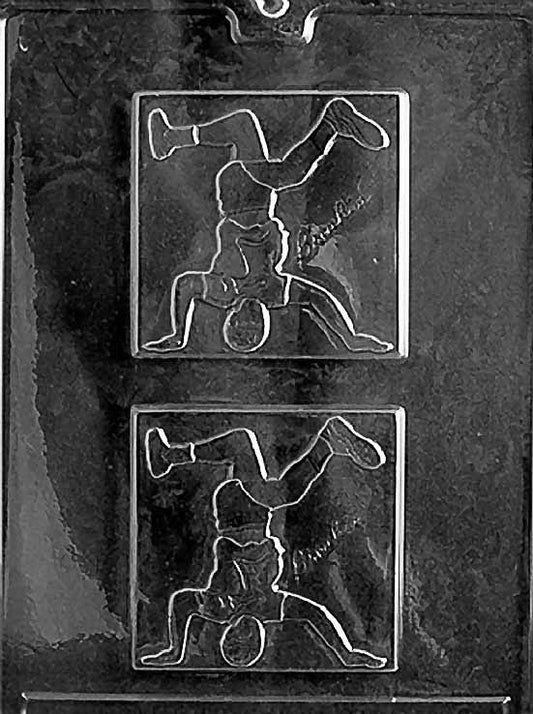 BREAKIN chocolate mold with dynamic breakdancer silhouette; square cavity area on a clear mold sheet.