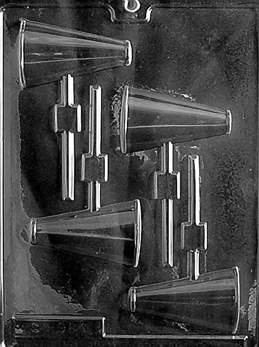 MEGAPHONE Lollipop chocolate mold showing tapered megaphone pop cavity with stick channel; smooth sides for lettering.