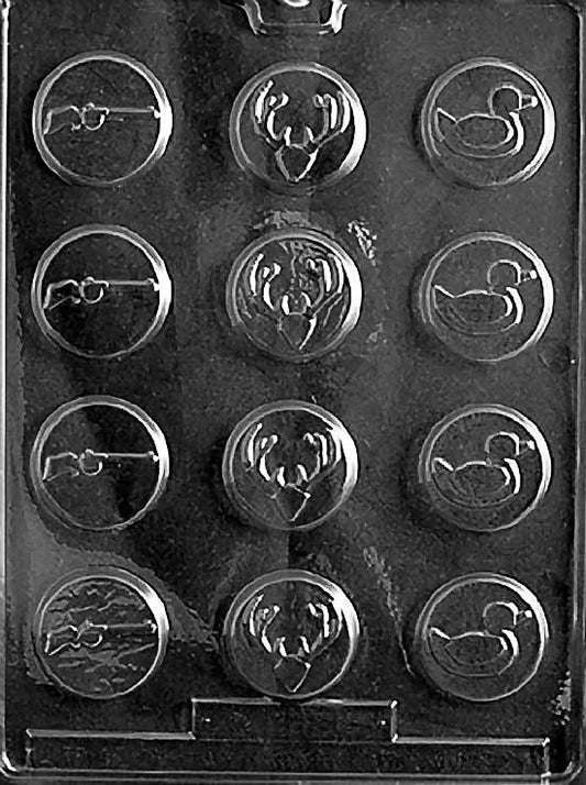 RIFLE HUNTER MINTS chocolate mold with small round coin cavities featuring rifle icon; shallow depth for mint-style pieces.