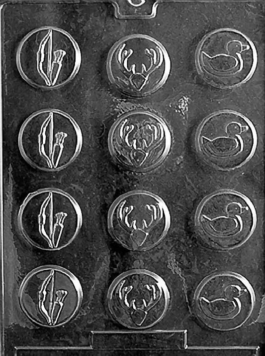 BOW & ARROW HUNTER MINTS chocolate mold showing small round coins embossed with bow and arrow; shallow clear mold.