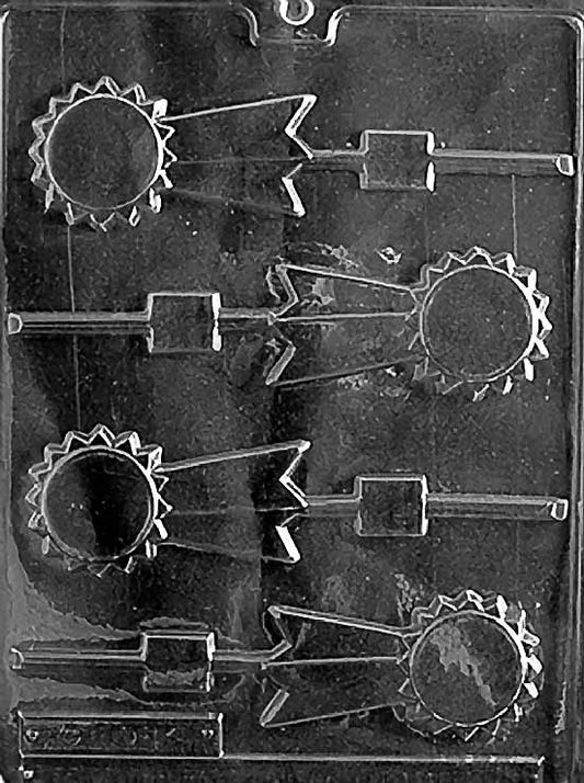 BLUE RIBBONS chocolate mold featuring slim award ribbon shapes with tail details; shallow cavities on clear sheet.