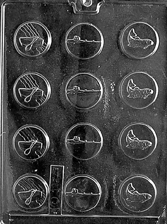 FISHERMAN MINTS chocolate mold with small round coins embossed with fisherman design; shallow clear sheet.