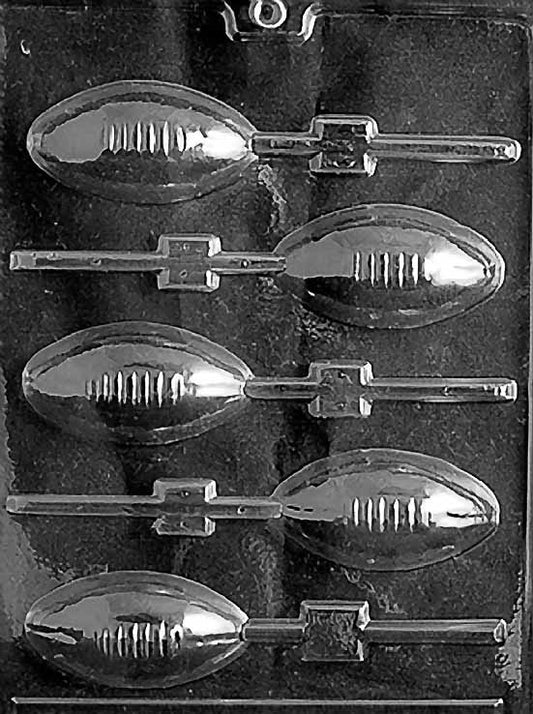 FOOTBALL Lollipop chocolate mold showing oval football pop with laces; stick channel visible on clear mold.