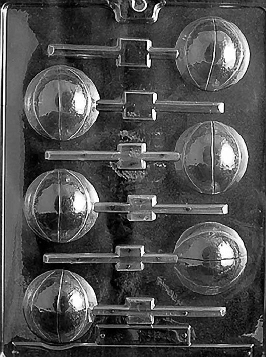 BASKETBALL Lollipop 3D chocolate mold with round ball pop cavities showing panel lines; clear sheet with stick channels.