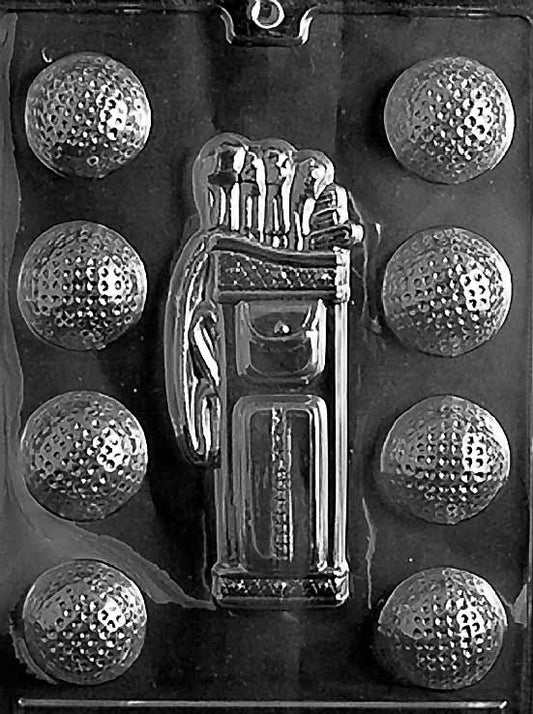GOLF; CADDY, BALLS chocolate mold showing golfer caddy figure and separate golf ball cavities; clear mold with detailed textures.