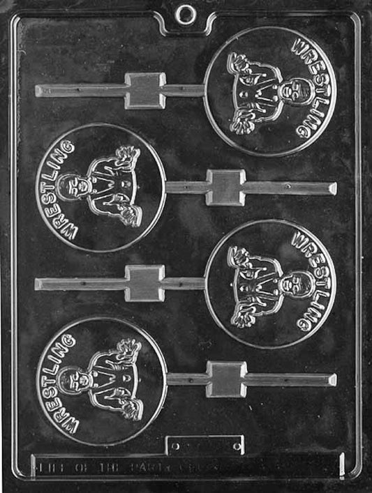 WRESTLER POP chocolate mold with grappler figure designed for a lollipop; clear sheet with stick channel.
