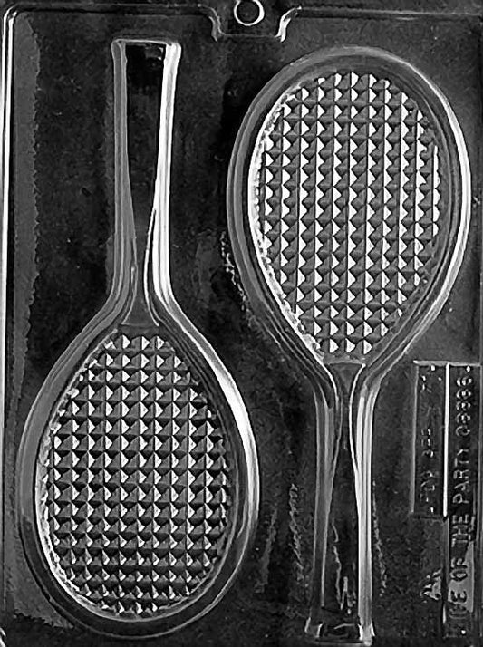 TENNIS RACQUET chocolate mold with elongated racquet shape, string grid and handle texture; clear mold sheet.