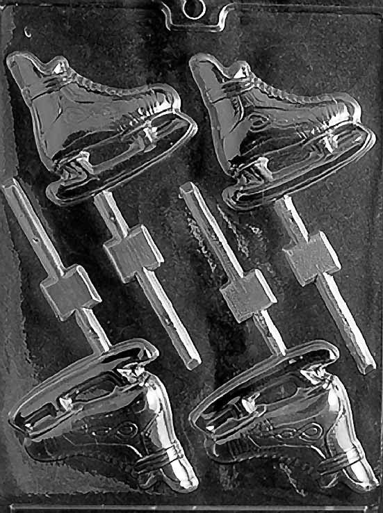 ICE SKATES Lollipop chocolate mold with boot and blade lollipop cavities; clear sheet with stick channels.