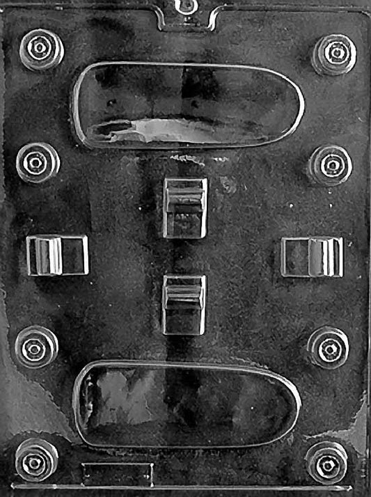 SKATE BOARD chocolate mold featuring board silhouette with wheel and truck details; deeper cavity on clear sheet.