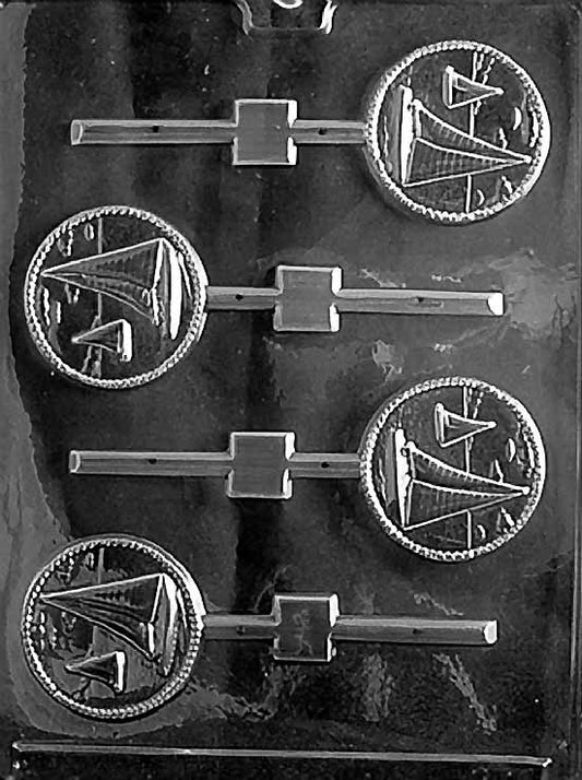 SAILING Lollipop chocolate mold with round lollipop cavities showing sailboat icon; clear sheet with stick channels.