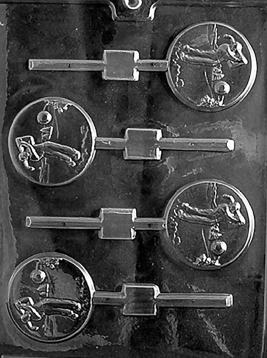 GOLF Lollipop chocolate mold showing round lollipop cavities with golf ball dimples; clear mold with stick channels.