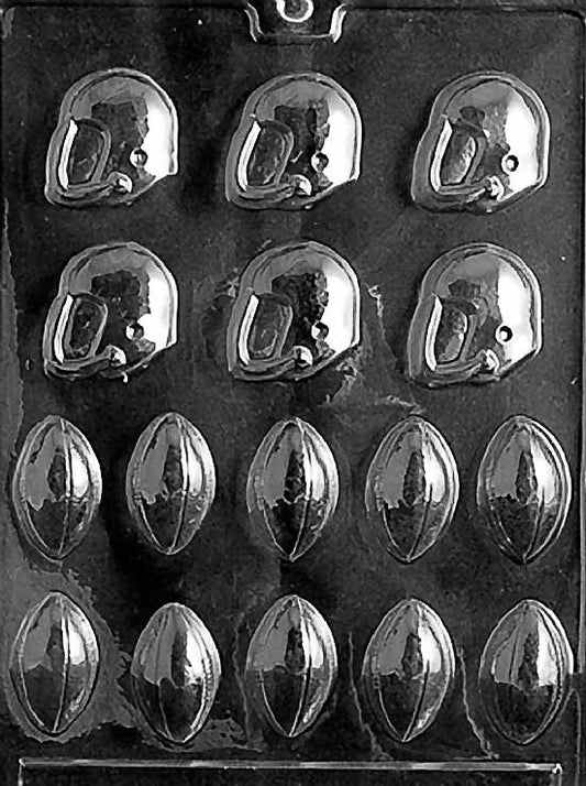 BS FOOTBALLS & HELMETS chocolate mold with tiny football and helmet cavities; clear sheet with laces and facemask details.