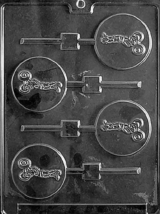 WEIGHT LIFTER Lollipop chocolate mold with round lollipop cavities showing weightlifter emboss; clear sheet with stick channels.