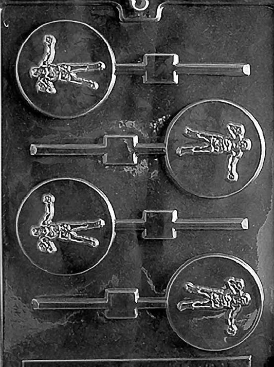 BOXING Lollipop chocolate mold with round pop cavities embossed with boxing glove; clear mold sheet and stick channels.