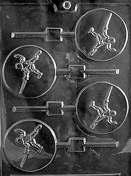 FENCING Lollipop chocolate mold with round lollipop cavities embossed with fencer icon; clear sheet.