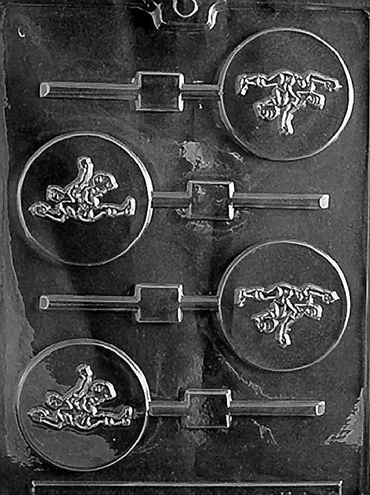 SOCCER Lollipop chocolate mold with round soccer ball lollipop cavities showing panel lines; clear sheet.