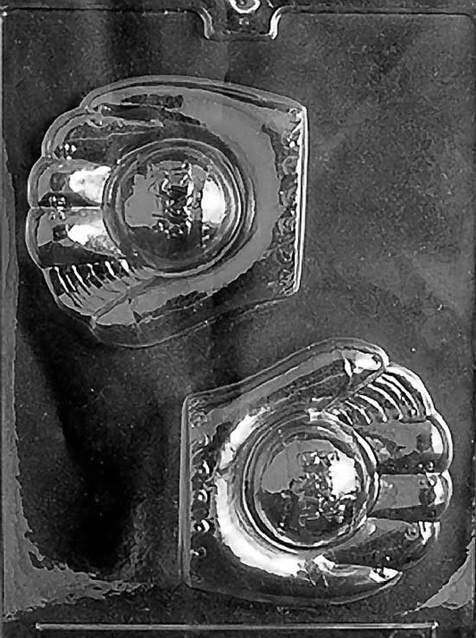 BASEBALL GLOVE & BALL chocolate mold with glove holding ball cavity; stitch and leather-like texture on clear sheet.