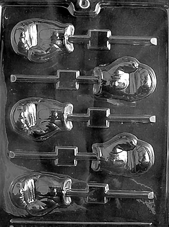 BOXING GLOVE Lollipop chocolate mold with glove lollipop cavities; clear mold with stick channel.