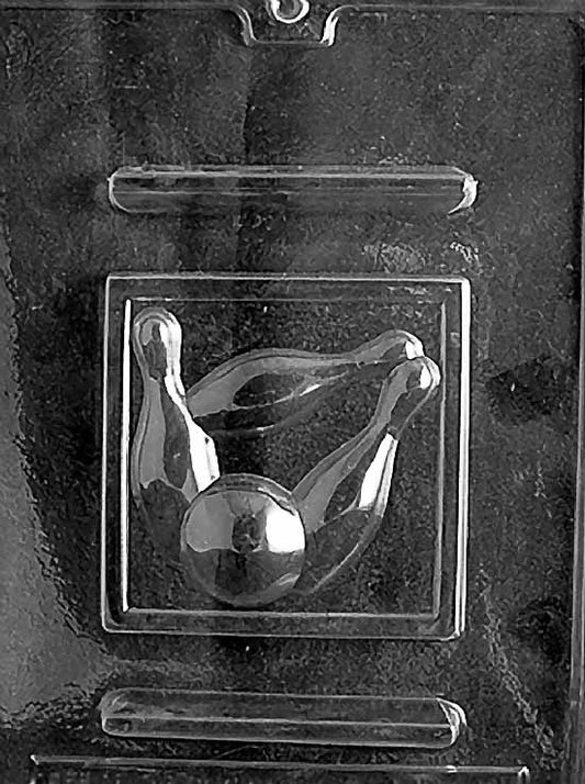 BOWLING chocolate mold featuring round bowling ball cavities with hole details; clear sheet.